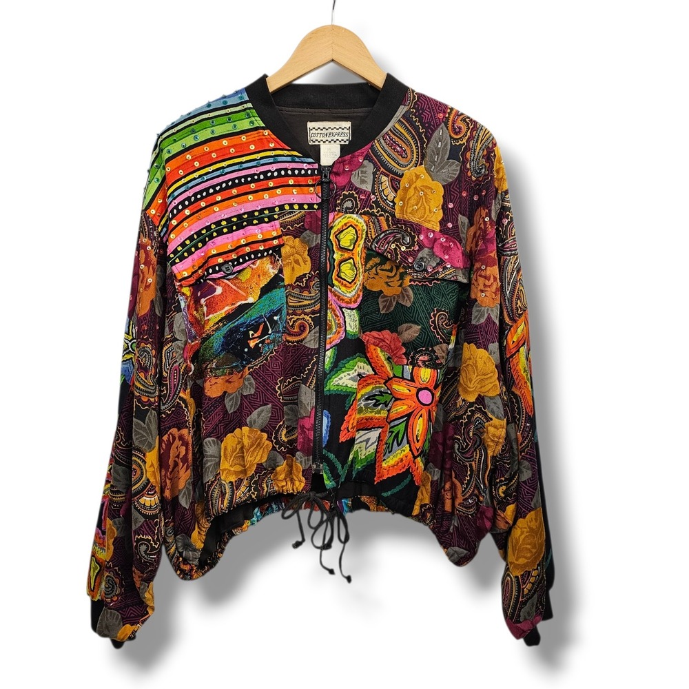 Vintage 90s Cotton Express Bomber Jacket M Womens Colorful Patchwork Artsy Indie